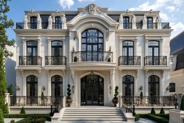 Fototapeta premium Elegant luxury mansion showcasing classical architecture with ornate details and lush landscaping in a sunny daytime setting, inviting a sense of grandeur and sophistication