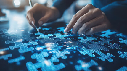 Corporate teams engage in high-tech puzzle solving using tablets in a sleek, modern office environment