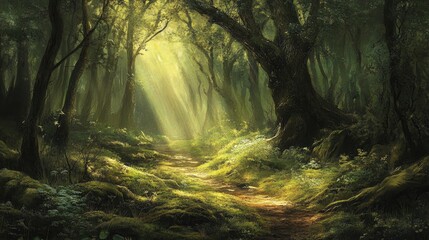 Fototapeta premium Enchanted Forest Scene with Sunlight Filtering through Trees and Soft Green Moss Carpet on the Ground