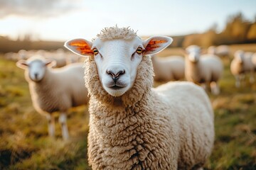 Naklejka premium Flock of Sheep Grazing in a Scenic Field During Golden Hour