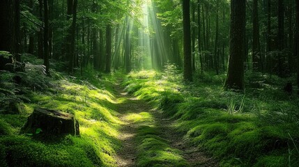 Serene Pathway Through Lush Green Forest with Sunlight Streaming Down Amidst Dense Foliage