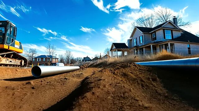 A construction site with visible underground plumbing pipes being installed beneath a newly built house.