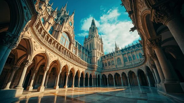 Ancient Structures Tower Above From Majestic Underview Perspective, Smooth repeating motion for background video animation