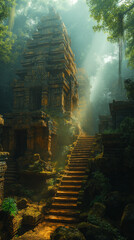 Obraz premium Ancient temple hidden in a dense jungle, golden sunlight piercing through mist as an explorer steps onto moss-covered stone stairs, ethereal light shafts creating a mystical atmosphere. Generative AI