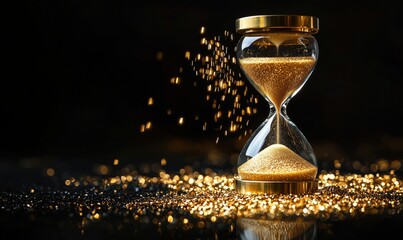 Obraz na płótnie Canvas Elegant hourglass with golden sand and sparkling particles on dark background