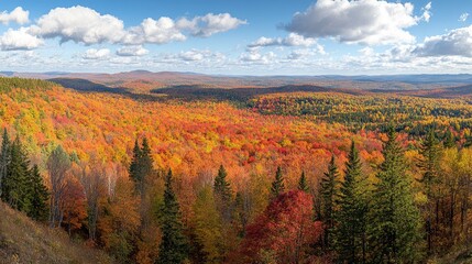 Breathtaking Autumn Landscape with Vibrant Fall Colors Across Rolling Hills and Clear Blue Sky