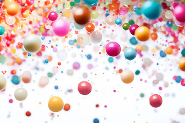 Vibrant multicolored spheres and confetti falling against a bright white background.  A celebratory and joyful image, PNG