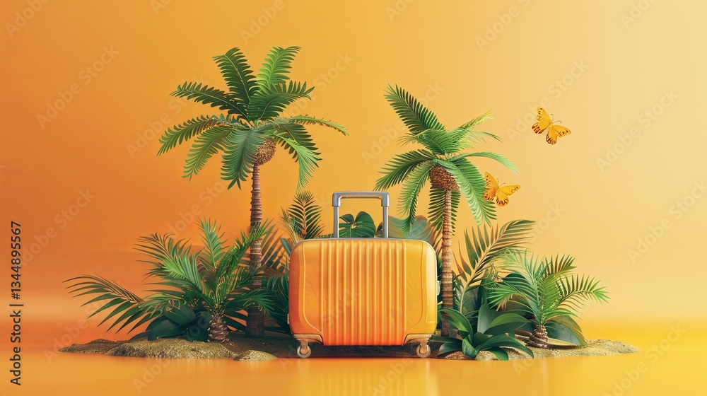 Poster creative travel suitcase surrounded by miniature palm trees and butterflies for summer adventures in