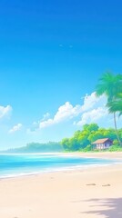 A beautiful serene beach scene with clear blue skies and calm waters
