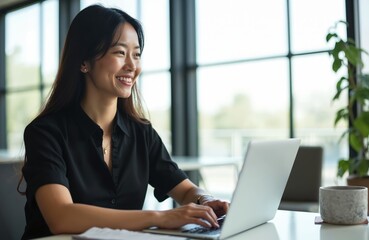 Confident asian businesswoman works on laptop, types keyboard. Pro investor works new startup project, makes business planning in light modern office. Tech business development, online distant