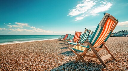 Scenic View of Brighton Beach in the UK with Colorful Deck Chairs © CLOVER BACKGROUND