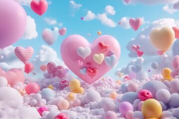 Many heart shaped balloons float above pastel colored clouds