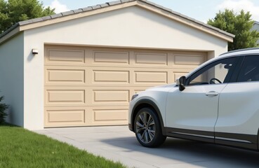 New modern house with wide beige garage door on concrete driveway. Parked car near home backyard. Modern American architecture in suburban residential neighborhood, symbol of success, wealth,