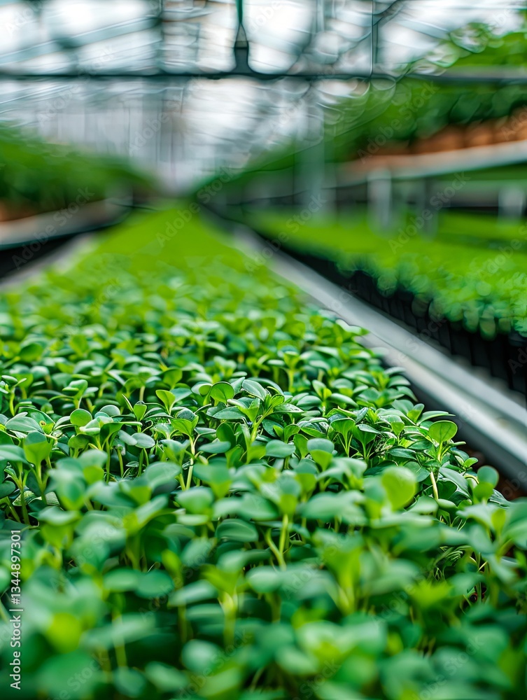 Poster rows of vibrant microgreens thriving under efficient drip irrigation system in a well-maintained gre