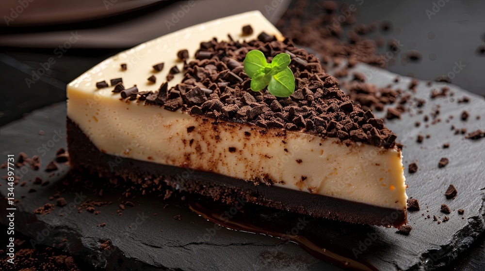 Poster cheesecake slice topped with chocolate crumbs served on a slate plate in a cozy dining setting gener
