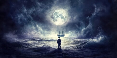A person stands before ocean under a full moon