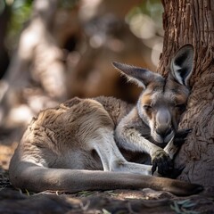 Fototapeta premium Western Grey Kangaroo curled up in the shade of a large river red gum peaceful midday rest soft ambient lighting bringing out fur texture close up nature portrait with a shallow depth of field f28