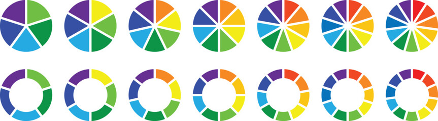 Obraz premium Pie chart set, segmented circle icons. Circle pie chart diagram. Pie chart divided 1,2,3,4,5,6,7,8,9,10,11,12 equal parts. Circle section graph. Infographic wheel segment or section parts. Vector set