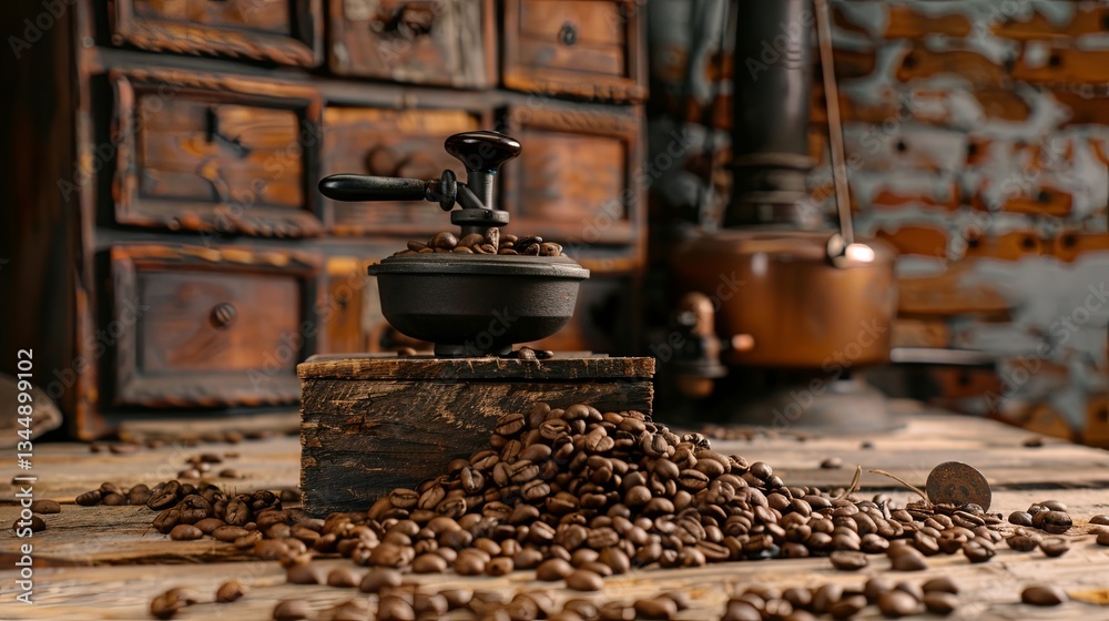 Poster crafting coffee from freshly ground beans on a rustic wooden table in a cozy interior setting genera