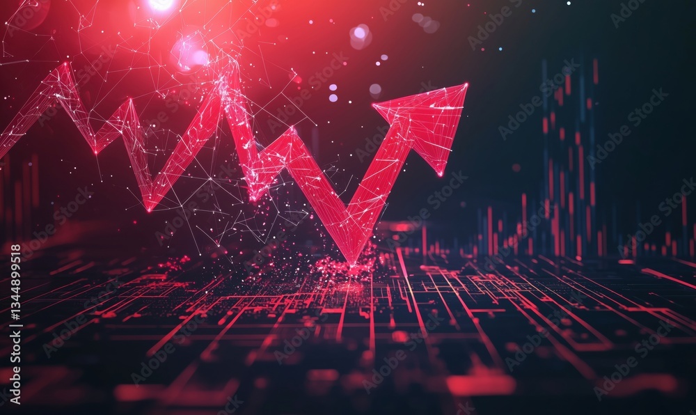 Poster dynamic upward trend graph with red arrows and digital data visualization elements