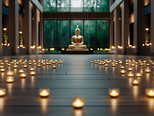 Urban serenity captured in a Buddha statue surrounded by city lights. The combination of spiritual tradition and modern aesthetics evokes mindfulness and peace.