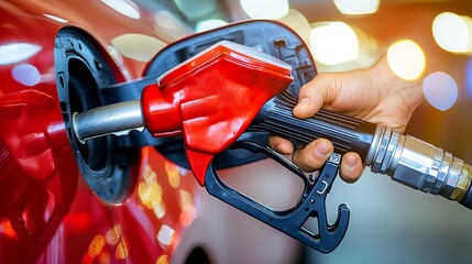 A hand refuels a car with a gas pump at a service station