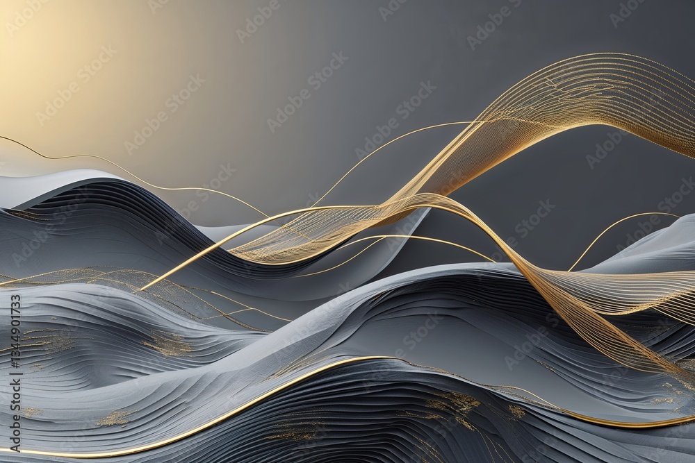Poster dynamic grey and gold abstract background with technological wave patterns and network design