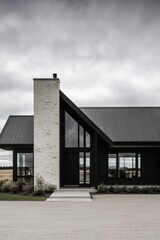 A contemporary black and white house featuring striking architectural design is nestled within a picturesque rural landscape, all beneath an evocative, moody sky