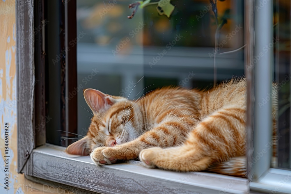 Aufkleber cozy home environment featuring a cat sleeping peacefully on the window sill during a sunny afternoo