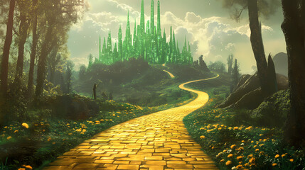 Emerald city and the yellow brick road. Sorcerers Stone. Illustration