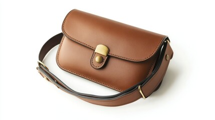 Brown leather bag, studio shot, white backdrop, fashion