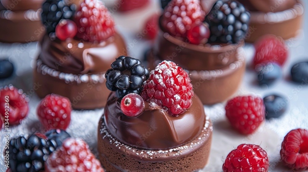 Poster decadent chocolate pastries topped with fresh berries in an elegant presentation for a delightful de