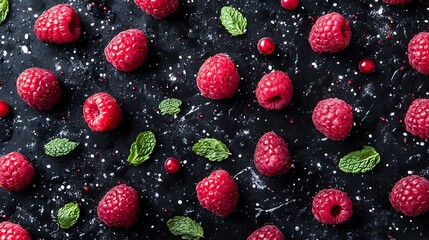 An overhead shot of scattered raspberries and mint leaves