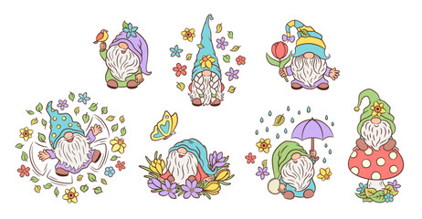 Cute garden gnomes spring clipart. Fun character set cartoon vector illustration. Scandinavian dwarf adorable creature. Cottage core collection for springtime greeting card, placement print.