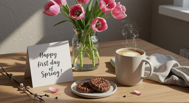 Happy First Day of Spring greeting card or poster on the table next to flowers and a cozy coffee mug