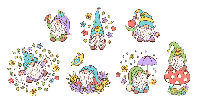 Cute garden gnomes spring clipart. Fun character set cartoon vector illustration. Scandinavian dwarf adorable creature. Cottage core collection for springtime greeting card, placement print.