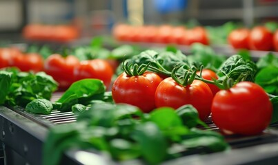 Fresh tomatoes and spinach on display in a food processing facility