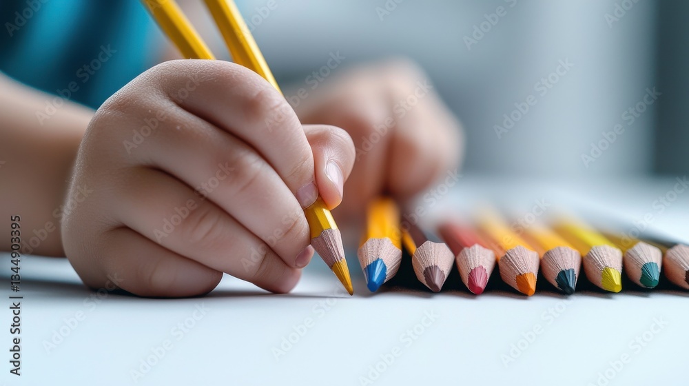 Aufkleber a child is drawing with a pencil and the pencils are in a row