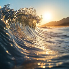 A photograph of an ocean wave, taken from the water's edge with sunlight reflecting off its surface