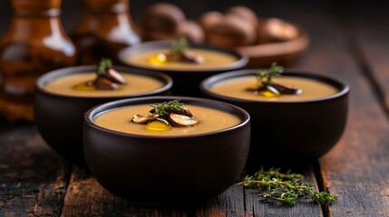creamy mushroom bisque with chives in white bowl
