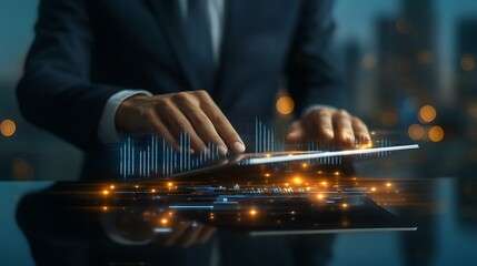 Businessman Analyzing Data on Tablet, Futuristic Technology Concept