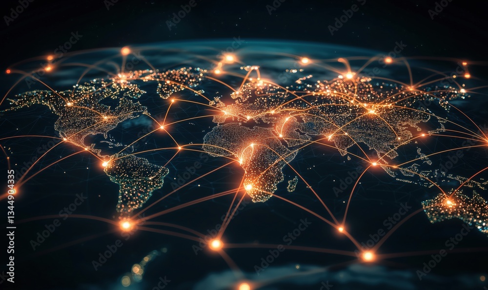 Poster global network connections visualized with glowing lines and nodes across the world map