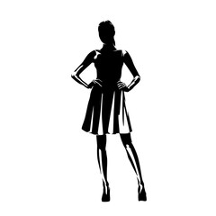 Young woman standing in short summer dress. Hands on hips. Isolated vector silhouette, High contrast illustration