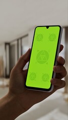 GREEN SCREEN CHROMA KEY A hand holding a smartphone with a green screen inside a renovated apartment