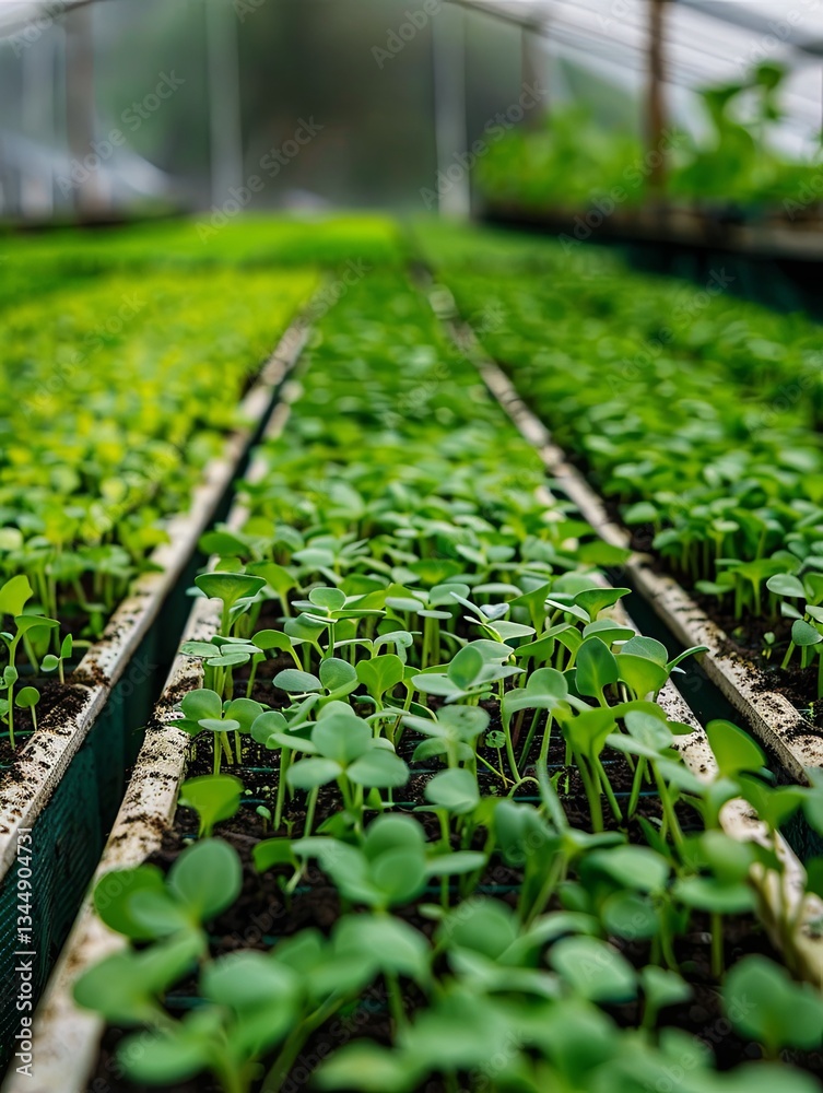 Poster rows of lush microgreens thriving under drip irrigation in a well-maintained greenhouse setting gene