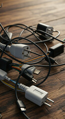 Tangled electrical wires and plugs