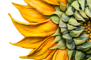 Closeup of a sunflowers petals and disc florets vibrant yellow and green hues