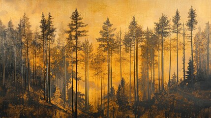 Majestic Silhouette of Tall Pine Trees Against a Golden Sunset Sky in a Serene Forest Landscape