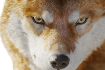 Closeup of a wild canines intense gaze showcasing detailed fur texture and piercing amber ey