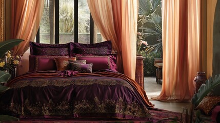 Luxurious bed silk sheets in rich jewel tones intricately embroidered patterns and matching pillowcases surrounded by sheer flowing curtains that softly filter sunlight